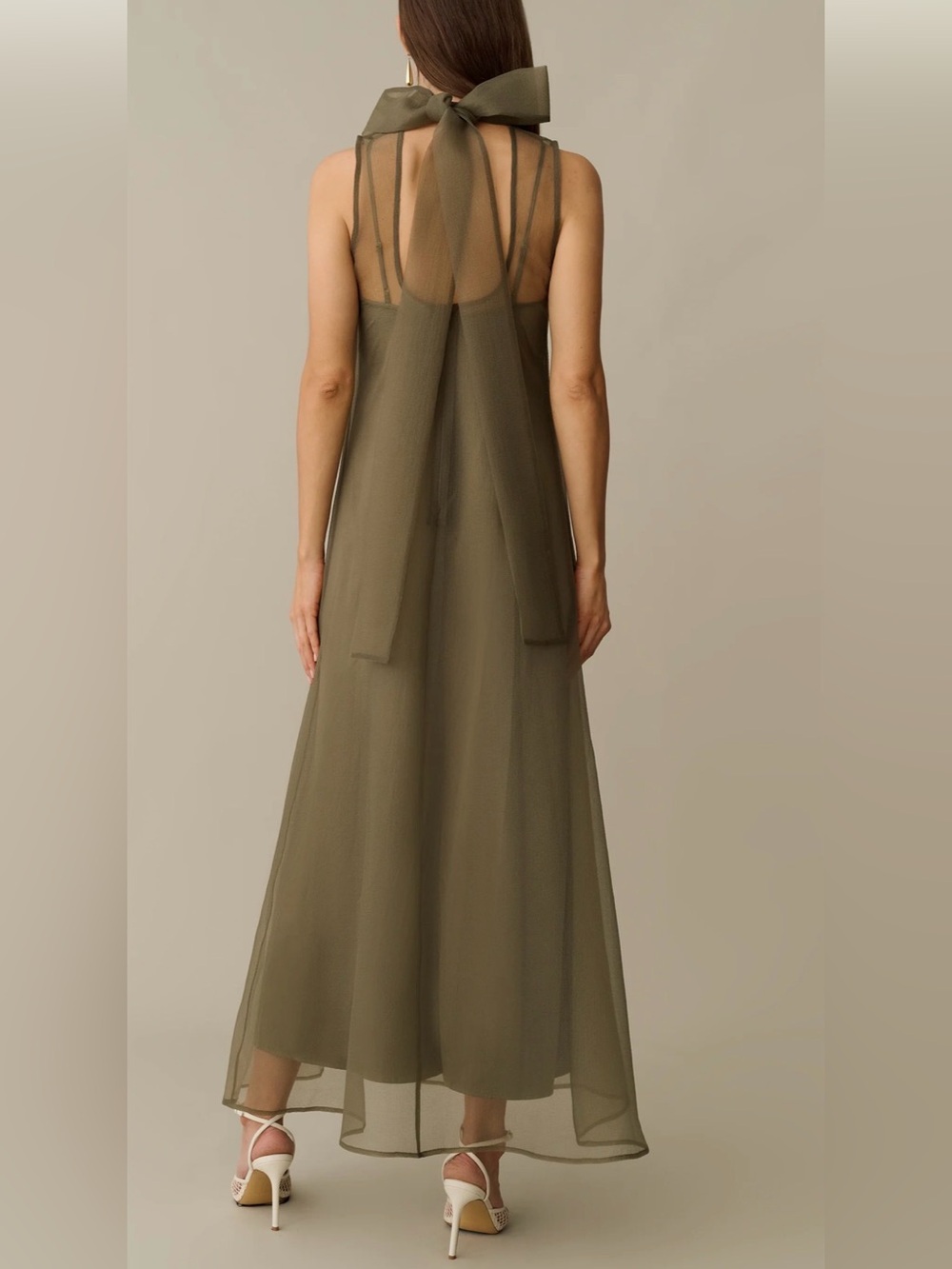 Few Moda CAARA NWT Alette Moss Grey Sheer Organza Maxi Dress - Picture 2 of 6